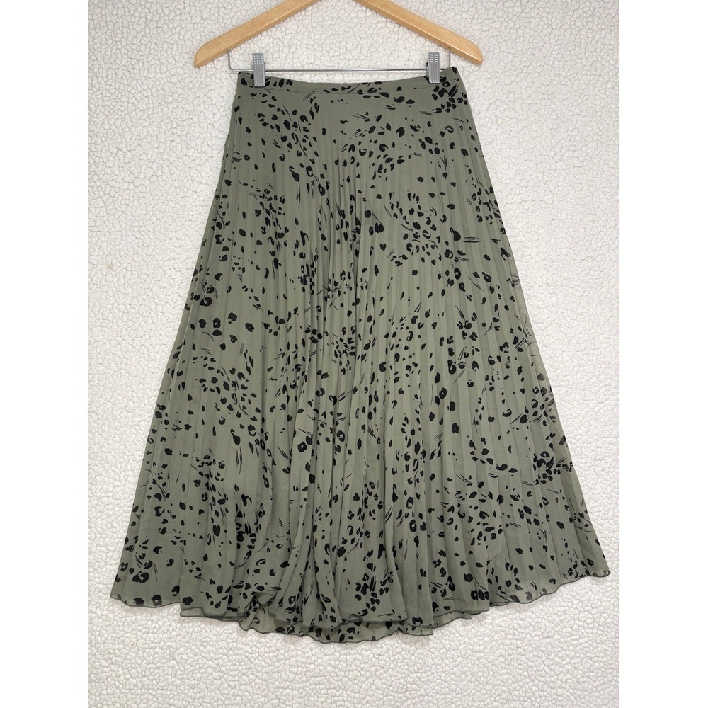 Garnet Hill Pleated Midi Skirt A-line Sz S Green Black Floral Dot Print Chiffon
